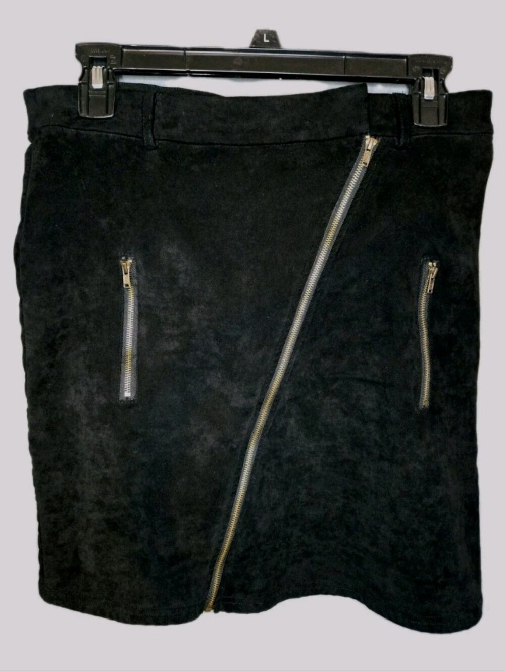 Andrée by UNIT Black Suede Straight Pencil Skirt Gold Zip Accent Size L